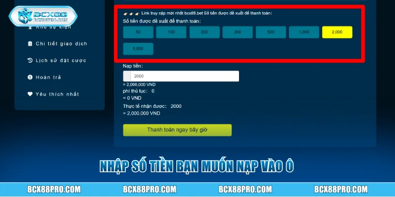 Hướng Dẫn Nạp Tiền BCX88 Để Có Vốn Tham Gia Cá Cược 9 Nhập số tiền bạn muốn nạp vào ô